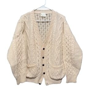 Emerald Design Cream Cable Knit Cardigan Sweater Mens Large Chunky V-Neck Pocket